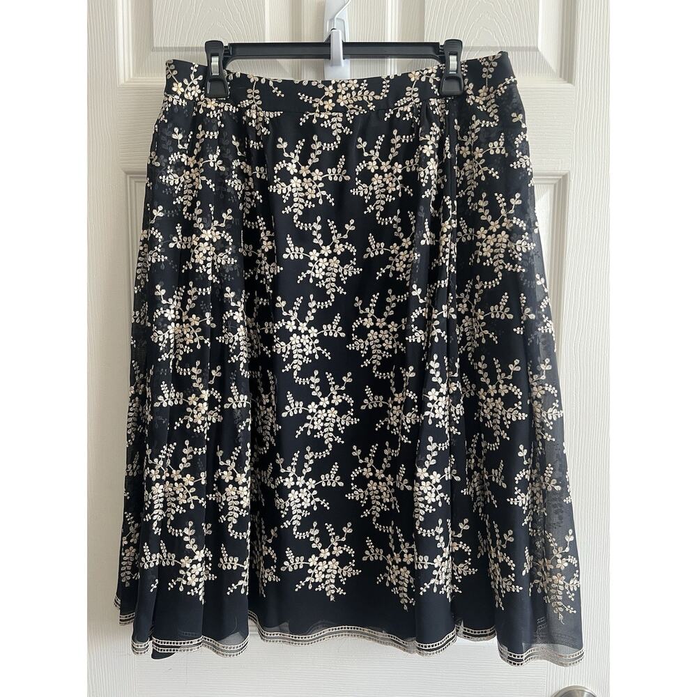PEGGY JENNINGS Vintage Black 100% Silk Floral Embroidered A-Line Skirt Sz Large